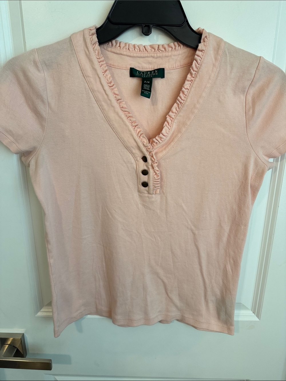 Lauren Ralph Lauren Light Pink Ruffle V-Neck Short Sleeve Tee